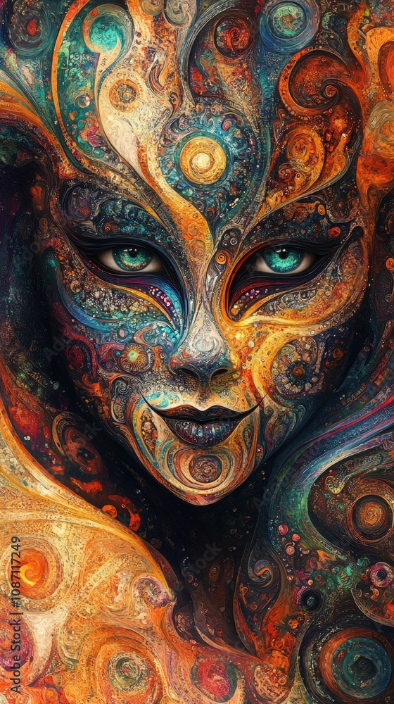 An elegant performer showcases an intricate mask adorned with vibrant colors and patterns at the Carnival of Venice, reflecting the event's artistry and spirit An elegant performer showcases an intricate mask adorned with vibrant colors and patterns at the Carnival of Venice, reflecting the event's artistry and spirit