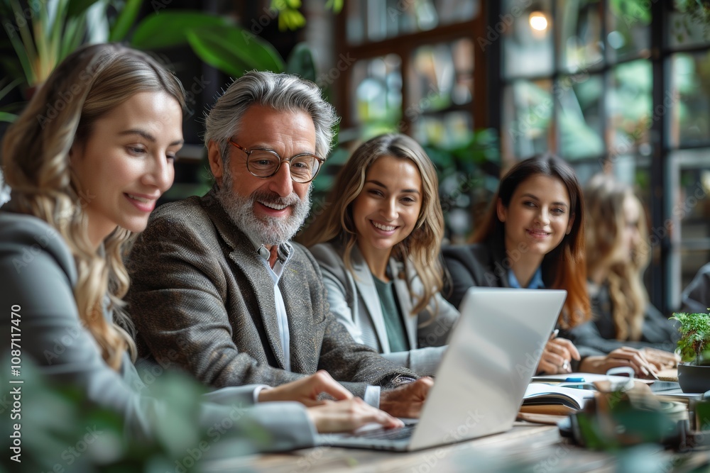 A group of business people are sitting around metting table an open laptop on the table in a modern office interior with panoramic windows. A group of business people are sitting around metting table an open laptop on the table in a modern office interior with panoramic windows.