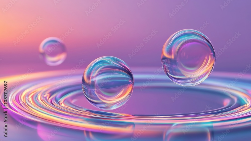Three colorful spheres floating on top of a body of water Three colorful spheres floating on top of a body of water