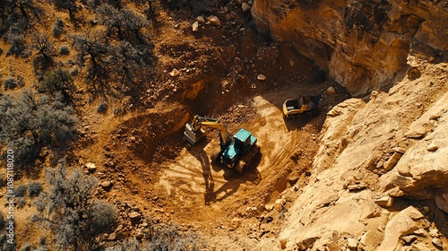 Aerial View of Excavator and Dump Truck in a Canyon