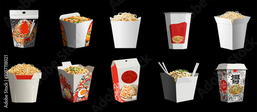 White Asian noodle wok rice box and package mockup set. Fast take away food delivery open boxes. Craft paper cardboard packaging. Place for text. Isolated cartoon style vector clipart collection on