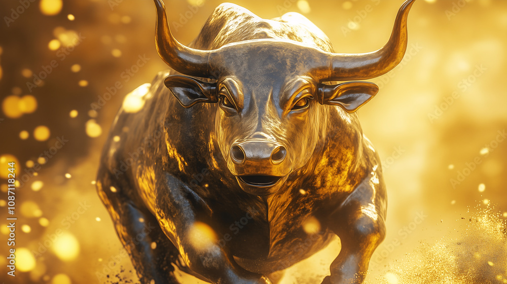 Close-Up of a Golden Bull with Dynamic Background, Representing Cryptocurrency Bull Run Close-Up of a Golden Bull with Dynamic Background, Representing Cryptocurrency Bull Run