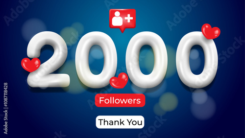 2000 followers celebration banner with 3d style on blue gradient background