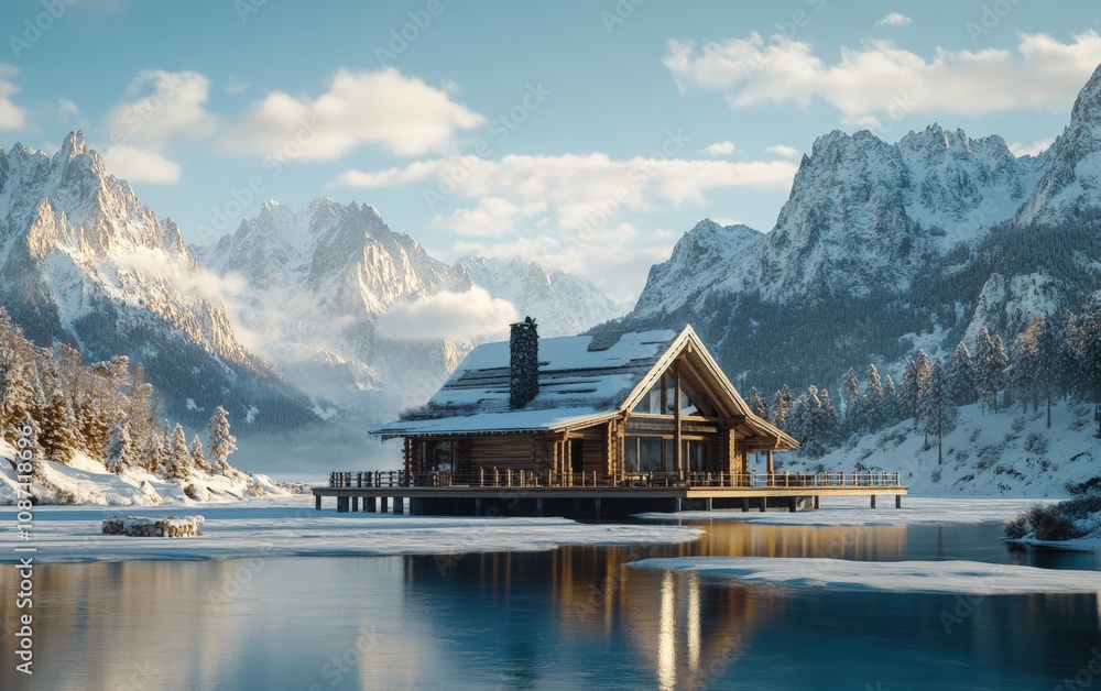 Mountain Serenity Home: A stylish wooden house set against the icy expanse of a frozen lake, with jagged alpine peaks in the background and fluffy snow blanketing the area. Mountain Serenity Home: A stylish wooden house set against the icy expanse of a frozen lake, with jagged alpine peaks in the background and fluffy snow blanketing the area.