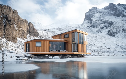 Mountain Serenity Home: A stylish wooden house set against the icy expanse of a frozen lake, with jagged alpine peaks in the background and fluffy snow blanketing the area. 