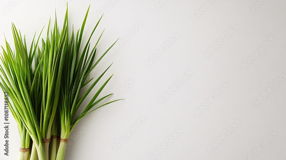 Isolated on white background lemongrass stalks stacked diagonally with their smooth textures highlighted for an earthy aesthetic and side empty space for text Stockphoto style Isolated on white background lemongrass stalks stacked diagonally with their smooth textures highlighted for an earthy aesthetic and side empty space for text Stockphoto style