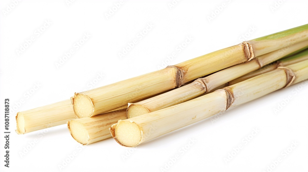 Isolated on white background lemongrass stalks stacked diagonally with their smooth textures highlighted for an earthy aesthetic and side empty space for text Stockphoto style Isolated on white background lemongrass stalks stacked diagonally with their smooth textures highlighted for an earthy aesthetic and side empty space for text Stockphoto style