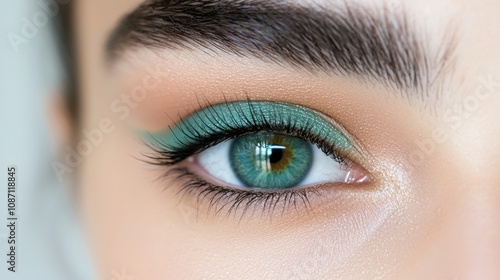 A woman with green eyes and green eyeliner