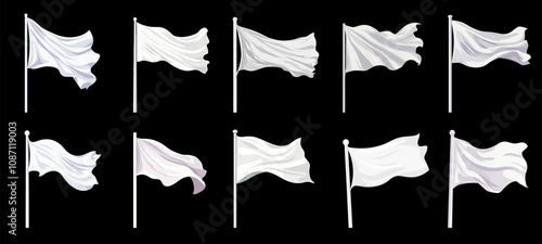 White waving flag on the flagpole mockup set. Textile flag flies on the wind. Emty blanc soft sheet material fabric for advertising needs. Cartoon style isolated vector clipart collection on dark