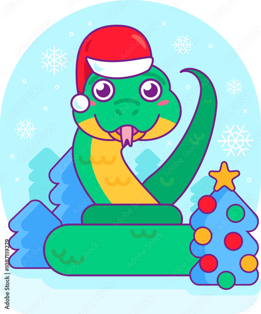 Green snake coiled in rings with Santa Claus hat on its head. Symbol of coming 2025 according to Chinese calendar. Cartoon vector illustration on blue snowy background Green snake coiled in rings with Santa Claus hat on its head. Symbol of coming 2025 according to Chinese calendar. Cartoon vector illustration on blue snowy background