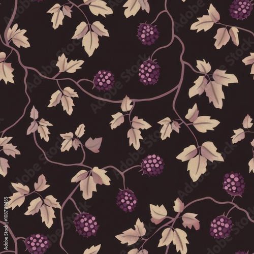 Seamless Minimal Pattern Featuring Boysenberry Fruits and Leaves on a Dark Background, Ideal for Textile and Fabric Design Applications