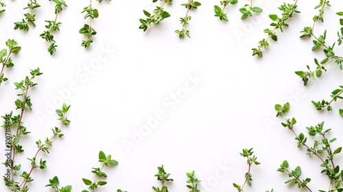 Wallpaper Mural Isolated on white background sprigs of thyme laid out in an overlapping linear arrangement for a neat and fresh appearance and side empty space for text Stockphoto style Torontodigital.ca