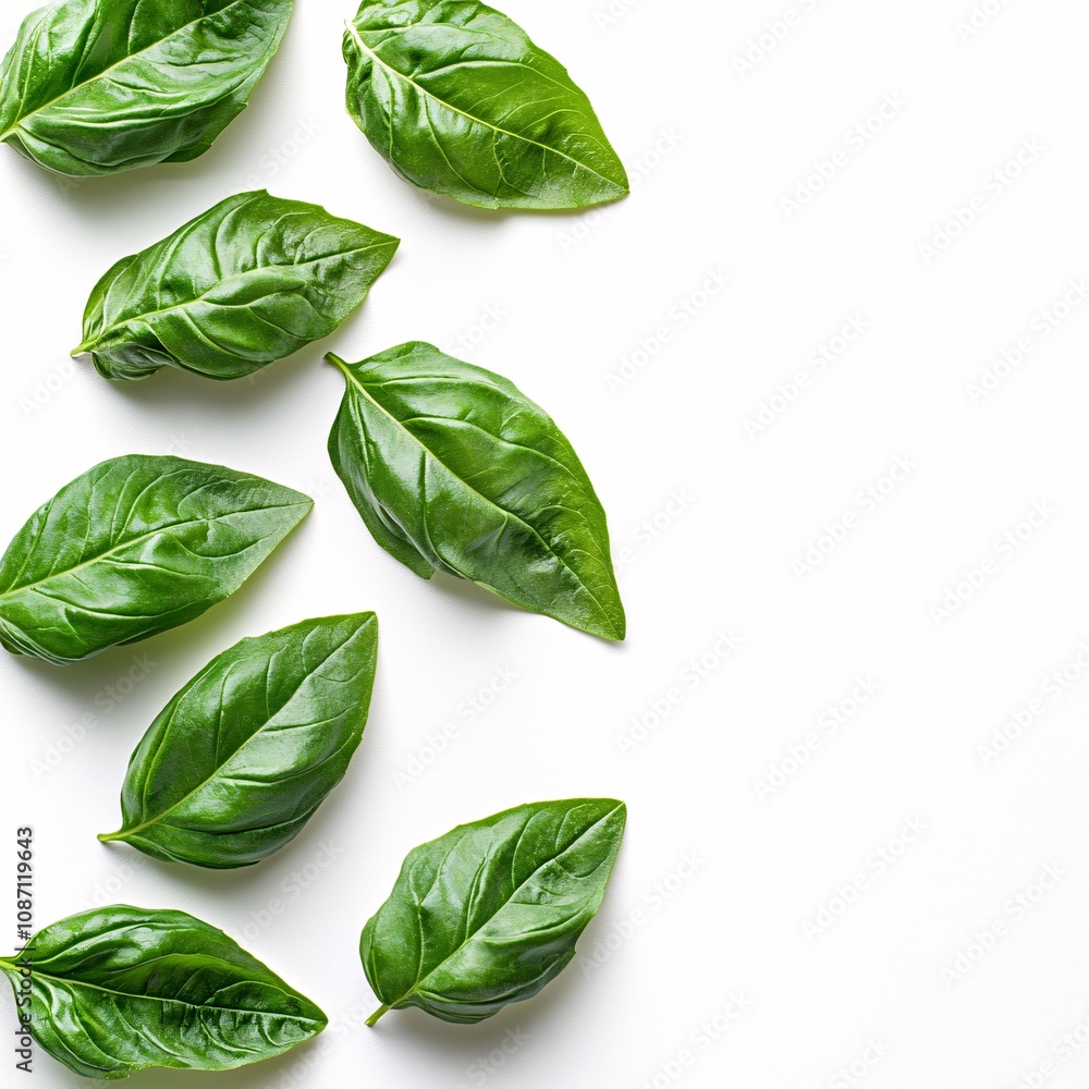 Obraz premium Isolated on white background basil leaves forming a symmetrical row with subtle shadowing to emphasize texture and freshness and side empty space for text Stockphoto style
