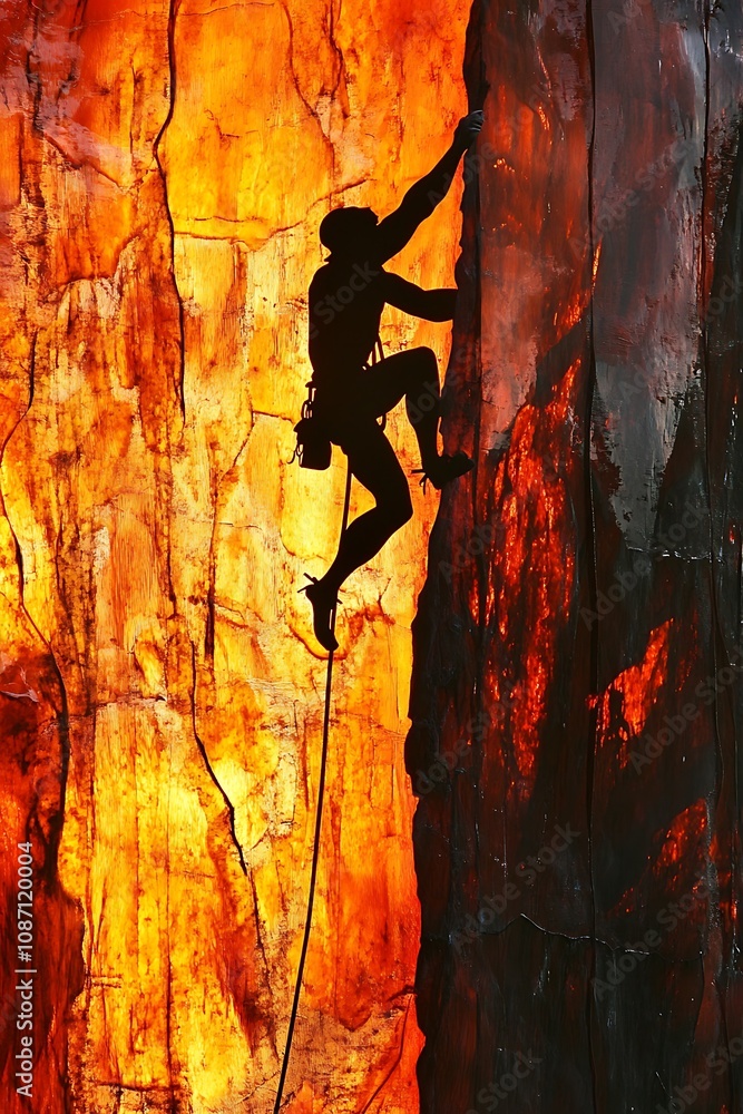 Climber Ascending Fiery Orange Rock Face Climber Ascending Fiery Orange Rock Face