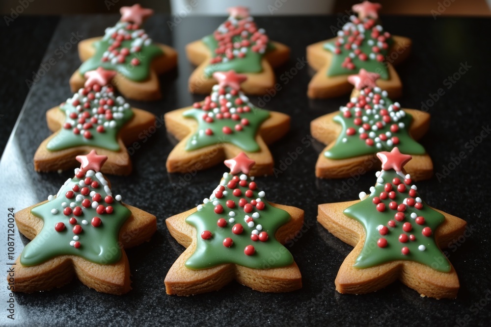 Gingerbread Christmas tree-shaped cookies with green glaze and red sprinkles on top, arranged in the shape of trees on a black surface. Warm holiday feel and celebration concept. Gingerbread Christmas tree-shaped cookies with green glaze and red sprinkles on top, arranged in the shape of trees on a black surface. Warm holiday feel and celebration concept.