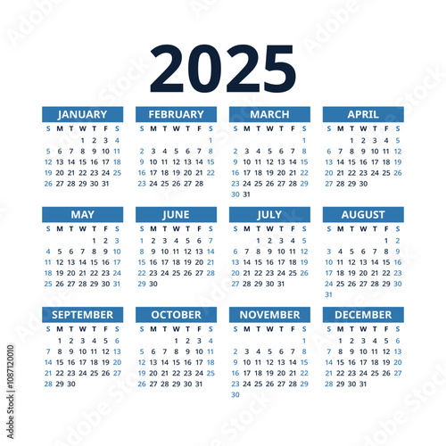 Calendar 2025 year. Square vector calender design template. English layout. Week starts on Sunday. January, February, March, April, May, June, July, August, September, October, November, December