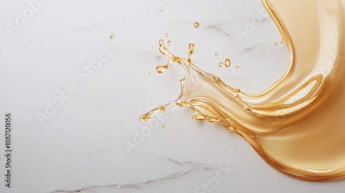 A splash of liquid with a yellowish tint is splashing across a white background photo