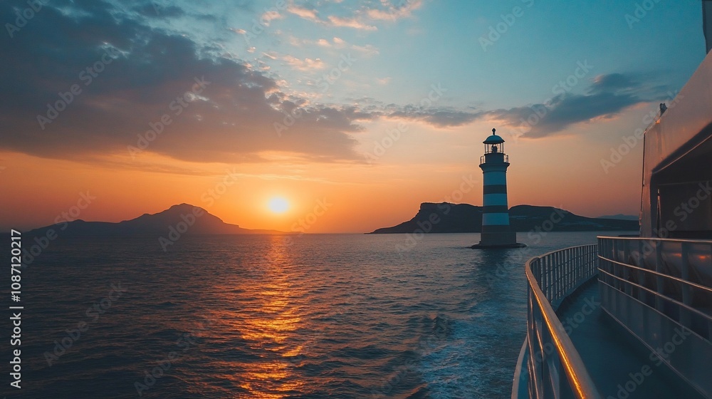 A lighthouse stands tall against a vibrant sunset sky as seen from a ship's deck. A lighthouse stands tall against a vibrant sunset sky as seen from a ship's deck.