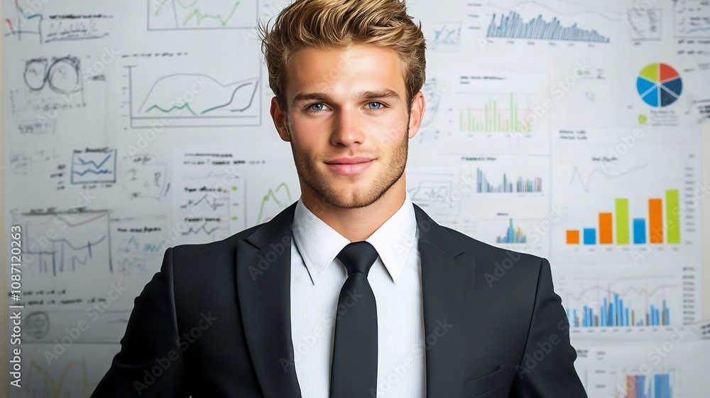 Young Businessman Presenting Data-Driven Startup Pitch on Whiteboard Young Businessman Presenting Data-Driven Startup Pitch on Whiteboard