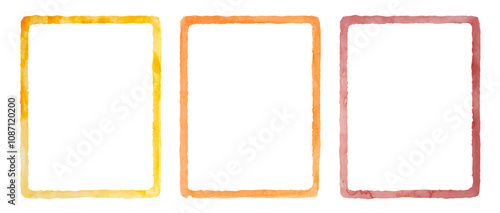 Watercolor rectangle set. Aquarelle yellow, orange and red color frames and borders