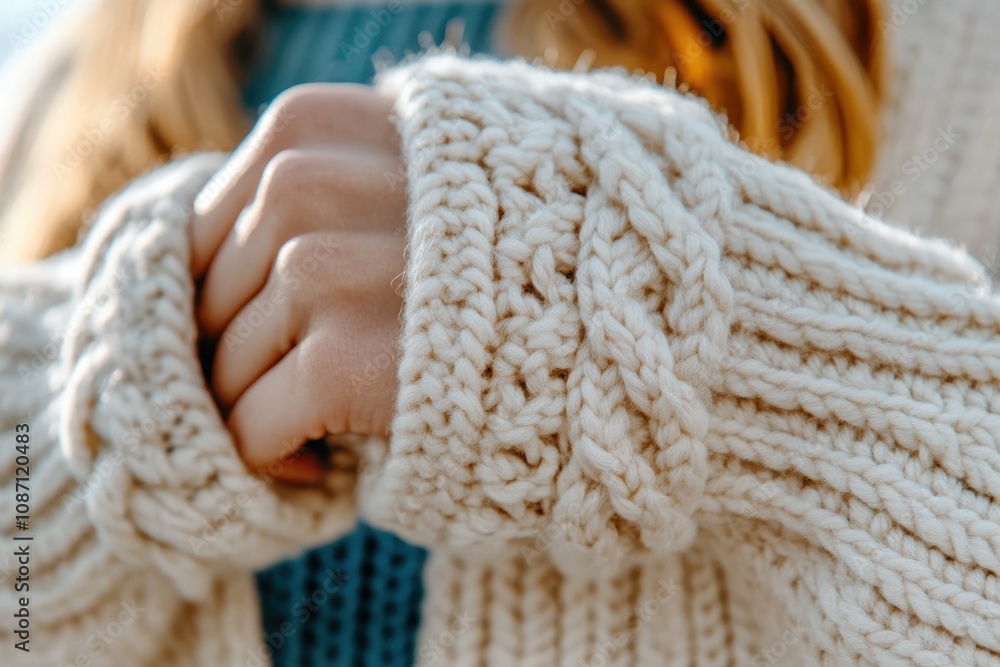 A snug view of a person in a knitted sweater, with hands gently tucked inside, indicating warmth, comfort, and a cozy atmosphere, ideal for winter themes. A snug view of a person in a knitted sweater, with hands gently tucked inside, indicating warmth, comfort, and a cozy atmosphere, ideal for winter themes.