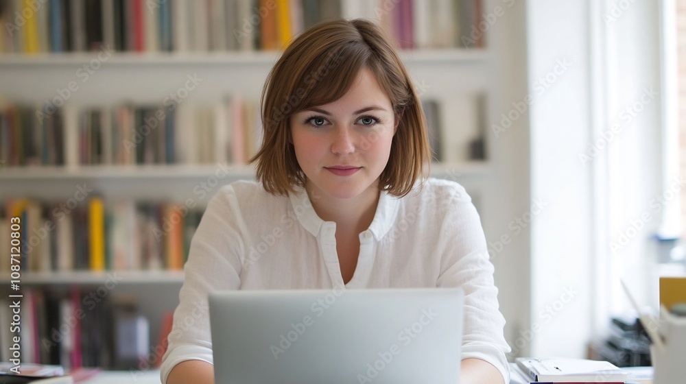 Cheerful Woman Working on Laptop in Well-Lit Office Environment Cheerful Woman Working on Laptop in Well-Lit Office Environment