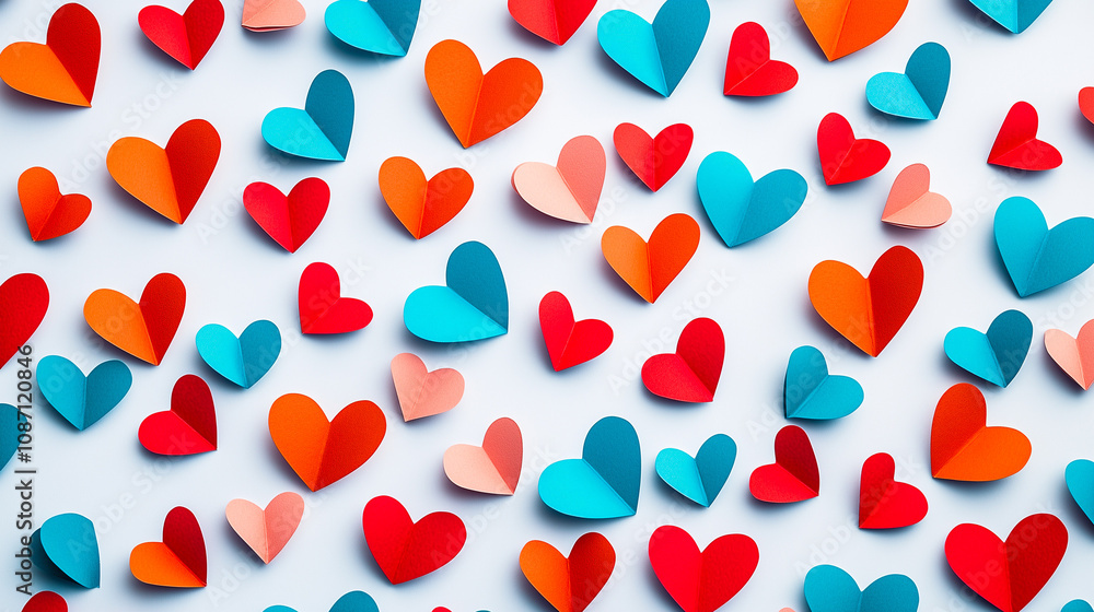 Colorful Heart-Shaped Paper Cutouts on White Background: A Vibrant, Multicolored Assortment for Romantic and Festive Occasions Colorful Heart-Shaped Paper Cutouts on White Background: A Vibrant, Multicolored Assortment for Romantic and Festive Occasions
