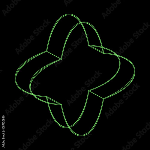 Y2K vector rave psychedelic futuristic object four pointed shape in trendy neon green black style. Surreal retro abstract geometric wireframe shapes, crypto or cyberpunk elements and perspective grid 