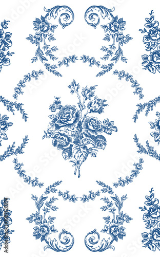 Toile de jouy pattern. Vector floral seamless antique pattern with big peony roses and leaves in blue color.