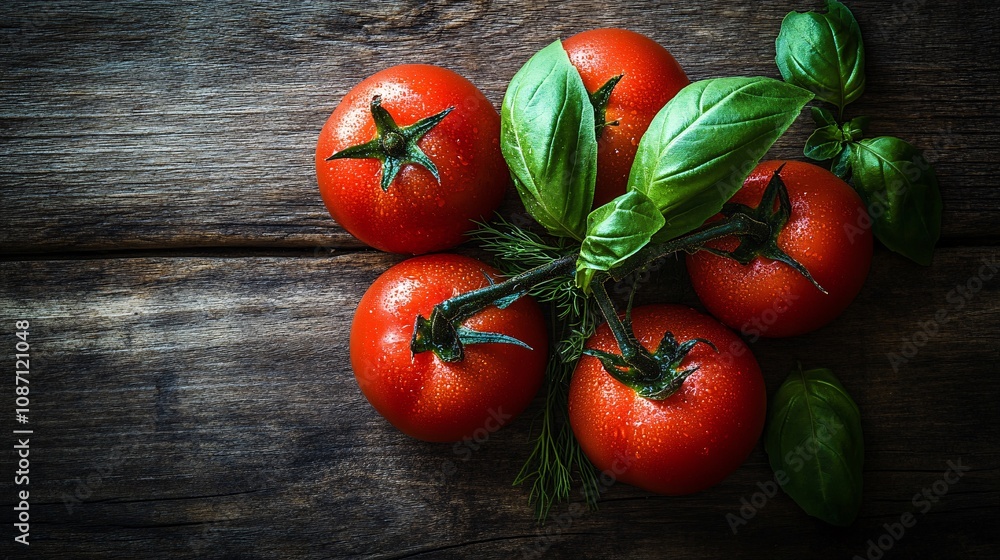 Fresh cherry tomatoes on the vine nestled with sprigs of basil and dill on a rustic wooden surface with ample side empty space for text Stockphoto style Fresh cherry tomatoes on the vine nestled with sprigs of basil and dill on a rustic wooden surface with ample side empty space for text Stockphoto style
