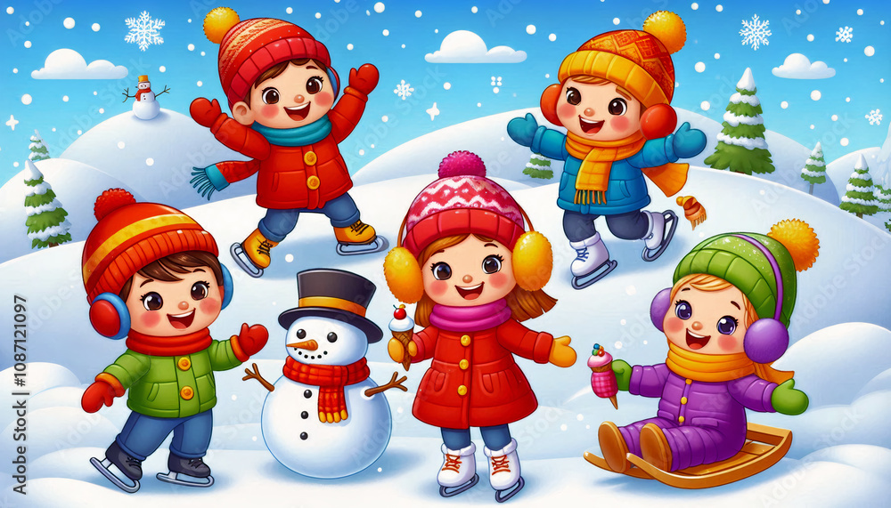 Fototapeta premium cheerful winter illustration featuring four happy children engaging in fun winter activities on a snowy hill