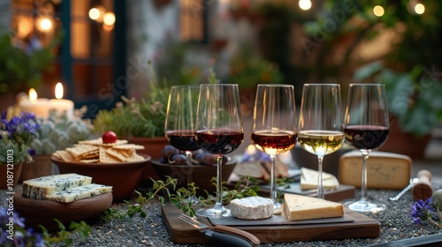 Elegant Wine Tasting Flight Featuring Single Varietals Served Alongside Artisan Cheeses in a Cozy Garden Setting with Soft Lighting and Natural Decor