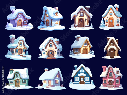 Winter little house set. Front view facade exterior. Christmas fairy buildings covered with snow and icicles. Home countryside village architecture with chimney. Cartoon style isolated vector clipart