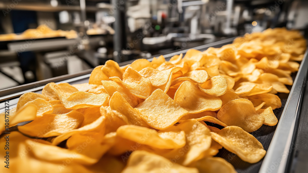 Close-up of a conveyor belt with freshly fried potato chips in an industrial food processing plant with blurred background machinery.