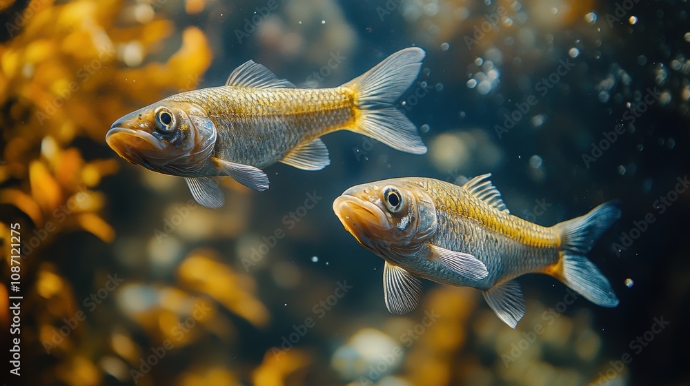 Two vibrant, golden fish gracefully swimming amidst aquatic plants and bubbles in a serene underwater environment, captured in a stunning photograph Two vibrant, golden fish gracefully swimming amidst aquatic plants and bubbles in a serene underwater environment, captured in a stunning photograph