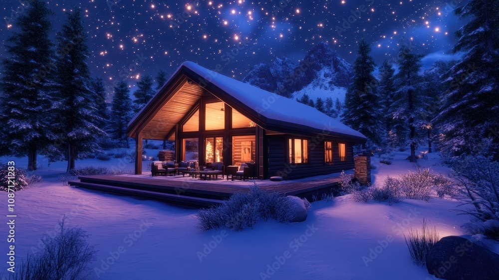 Romantic winter wonderland cabin nestled in a secluded forest, perfect for a cozy getaway. Romantic winter wonderland cabin nestled in a secluded forest, perfect for a cozy getaway.