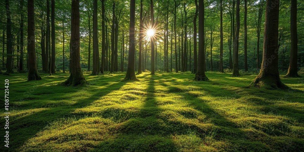 Obraz premium A breathtaking view of lush, green forest with sunlight filtering through tall trees, casting long, serene shadows on the vibrant mossy forest floor
