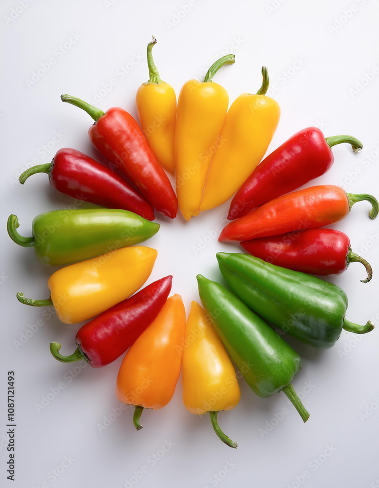 Red, yellow and green peppers arranged in a circular pattern, taken from above against a plain white background Red, yellow and green peppers arranged in a circular pattern, taken from above against a plain white background