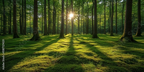 Fototapeta Naklejka Na Ścianę i Meble -  A breathtaking view of lush, green forest with sunlight filtering through tall trees, casting long, serene shadows on the vibrant mossy forest floor