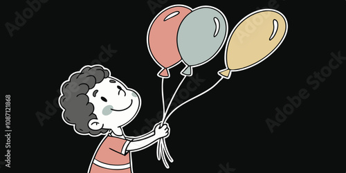 a little boy with balloon set in black background.