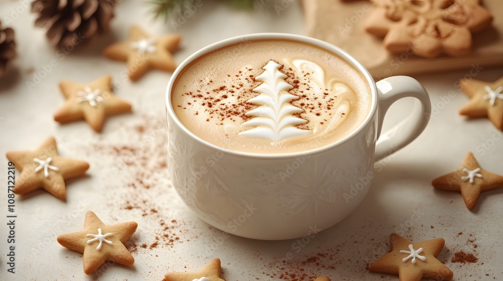 Hot cappuccino with Christmas tree latte art in white ceramic cup, surrounded by star cookies on light coffee background, featuring minimalist festive composition with soft lighting. Hot cappuccino with Christmas tree latte art in white ceramic cup, surrounded by star cookies on light coffee background, featuring minimalist festive composition with soft lighting.