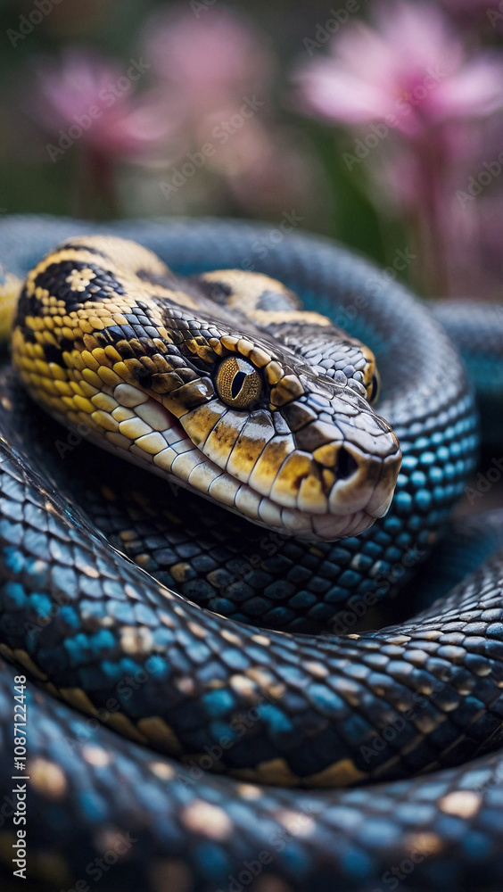 Beautiful close up portrait of a blue and yellow snake with blurry pink and purple flowers in the background. Chinese New Year 2025 stories illustration concept Beautiful close up portrait of a blue and yellow snake with blurry pink and purple flowers in the background. Chinese New Year 2025 stories illustration concept