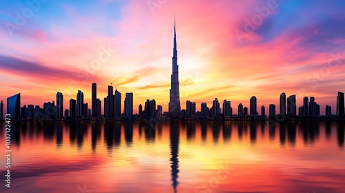 Breathtaking Urban Skyline Bathed in Vibrant Sunset Colors with Skyscrapers Reflected in Calm Waters