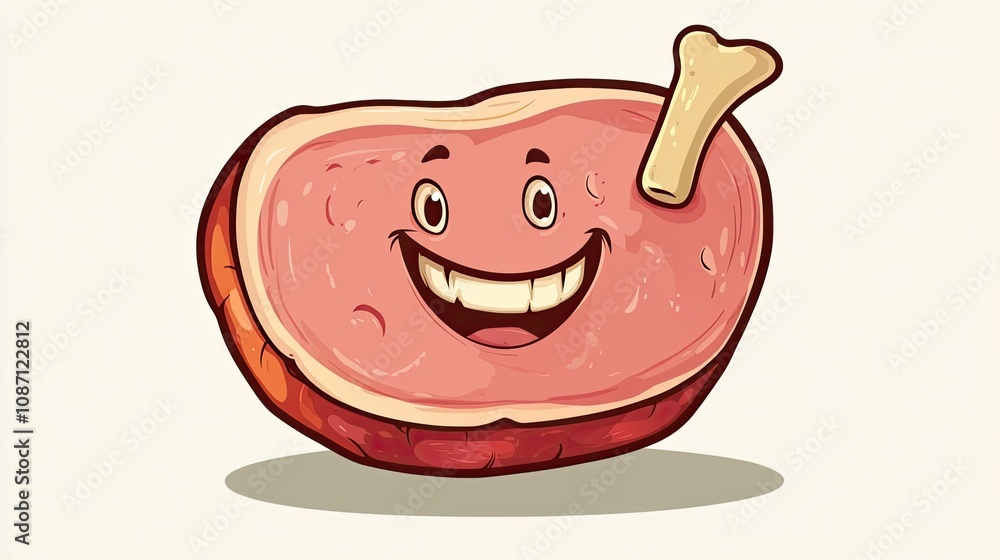 Cartoon Ham with a Smiling Face and Bone