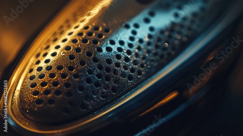 A macro photograph of the iron's soleplate, focusing on the smooth surface and tiny steam holes, with the surrounding area softly blurred. photo