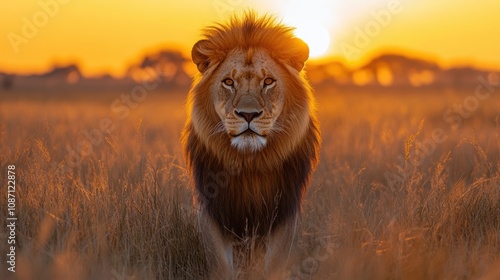 A majestic lion stands in the golden glow of the setting sun on the African savannah, capturing the awe-inspiring beauty of wildlife in its natural habitat