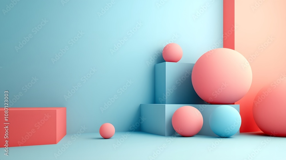 Geometric 3D composition with pastel triangles and spheres against light blue background, featuring minimalist design elements with matte finish and gentle architectural shadows. Geometric 3D composition with pastel triangles and spheres against light blue background, featuring minimalist design elements with matte finish and gentle architectural shadows.