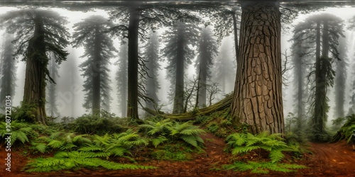 Fototapeta Naklejka Na Ścianę i Meble -  Full 360 degrees seamless spherical panorama HDRI equirectangular projection of A misty forest cloaked in ethereal fog. Texture environment map for lighting and reflection source rendering 3d scenes.