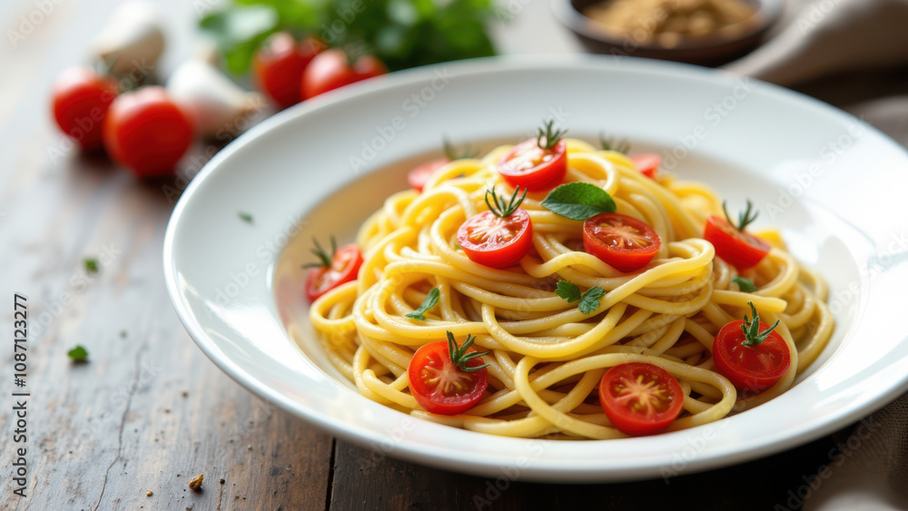Mafaldine pasta with tomato sauce and herbs on a plate. Mafaldine pasta with tomato sauce and herbs on a plate.