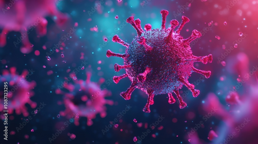 Virus particles spreading through droplets in the air, contagious transmission, 3D illustration Virus particles spreading through droplets in the air, contagious transmission, 3D illustration